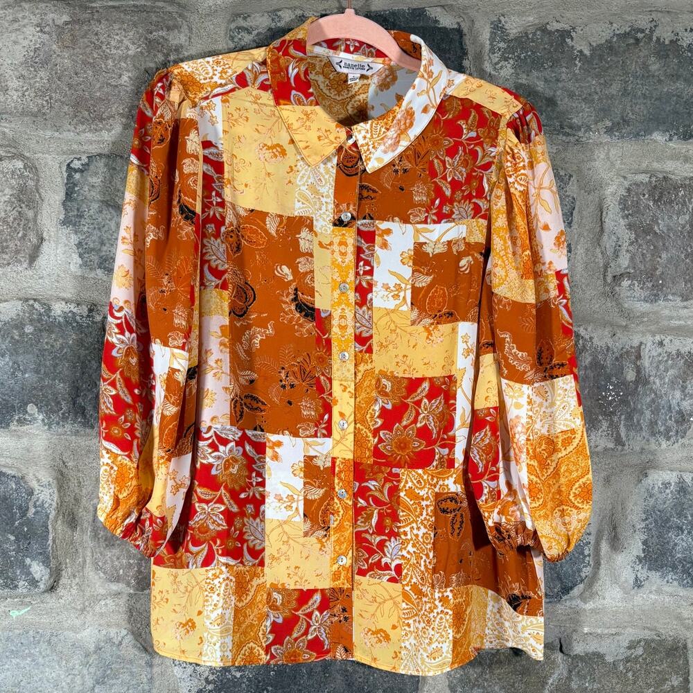 Nanette Lepore Blouse Women's Large‎ Patchwork Yellow Orange Balloon Sleeve